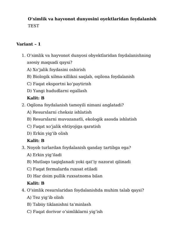 O‘simlik va hayvonot dunyosini oyektlaridan foydalanish