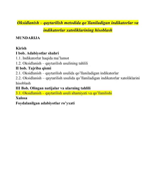 Oksidlanish – qaytarilish metodida qo‘llaniladigan indikatorlar va indikatorlar xatoliklarining hisoblash