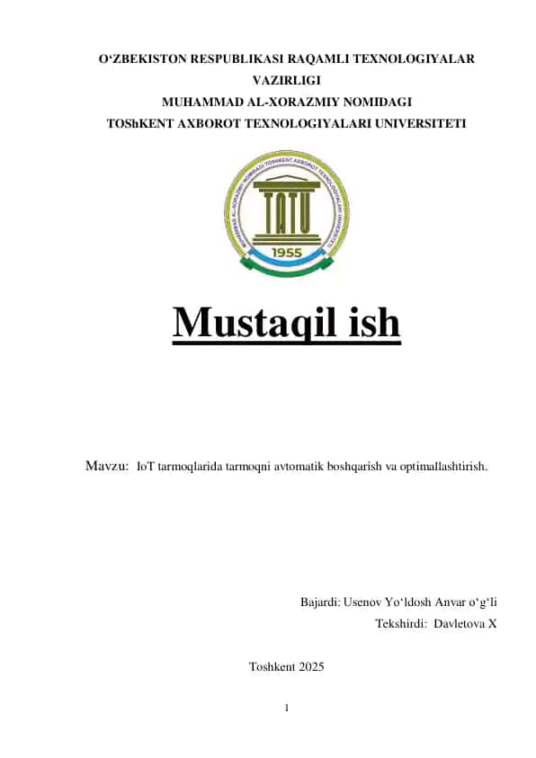 IoT tarmoqlarida tarmoqni avtomatik boshqarish va optimallashtirish