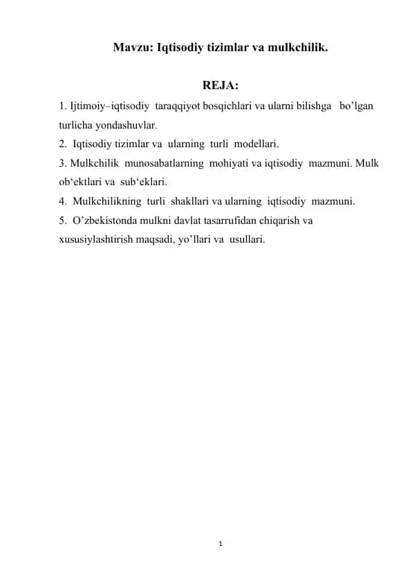 Iqtisodiy tizimlar va mulkchilik