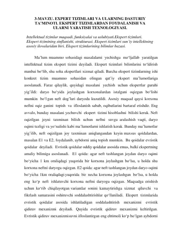 EXPERT TIZIMLARI VA ULARNING DASTURIY TA’MINOTI