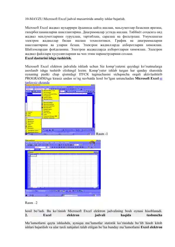 Microsoft Excel jadval muxarririda amaliy ishlar bajarish