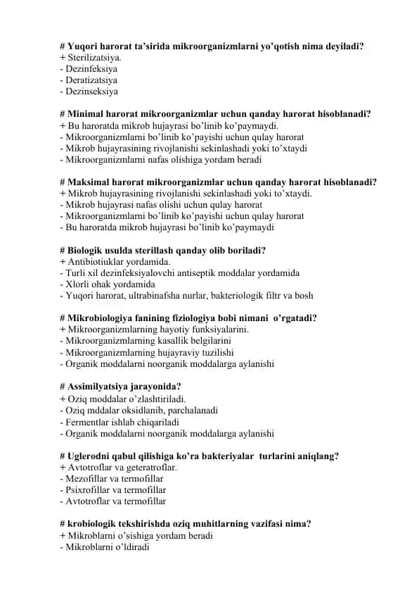 Mikrobiologiya test savollar to‘plami