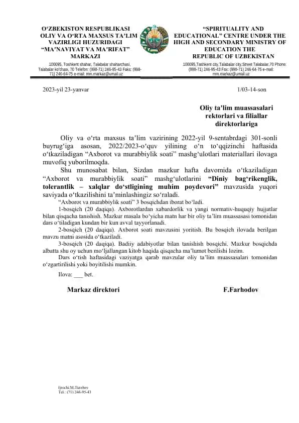 "Axborot va murabbiylik soati mashg'ulotlari materiallari"