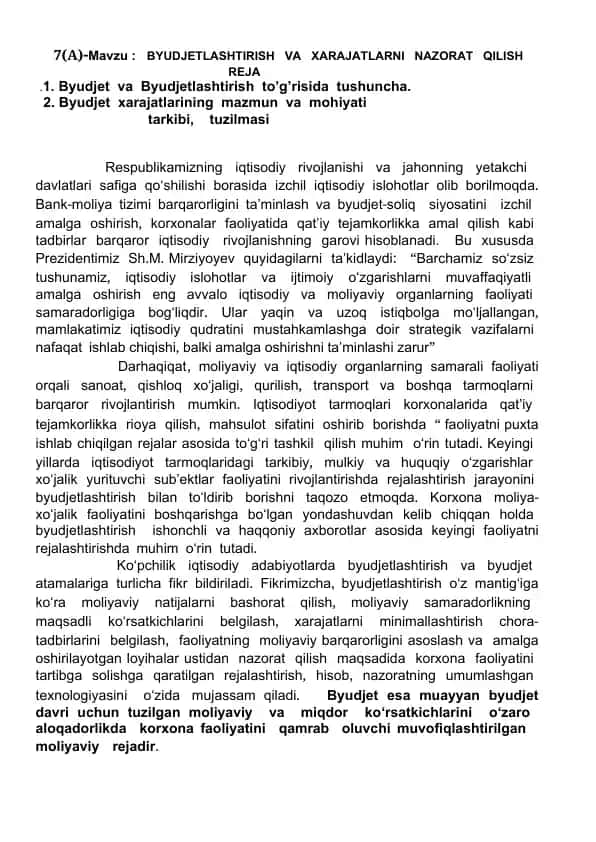 BYUDJETLASHTIRISH VA XARAJATLARNI NAZORAT QILISH