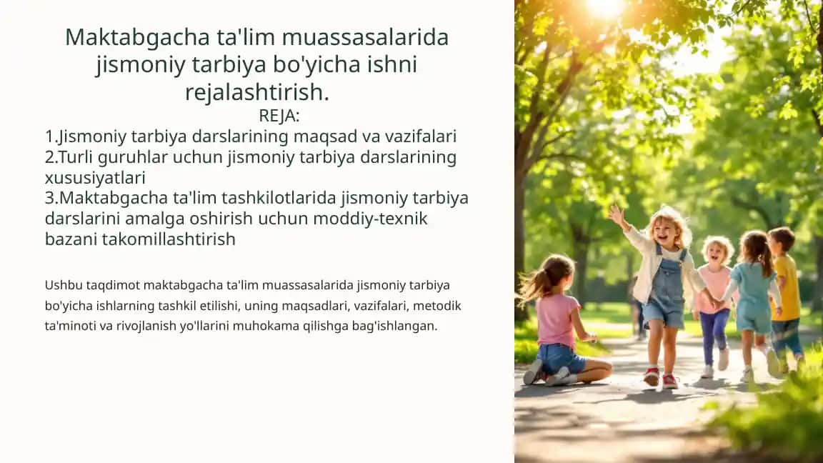 Maktabgacha ta'lim muassasalarida jismoniy tarbiya bo'yicha ishni rejalashtirish