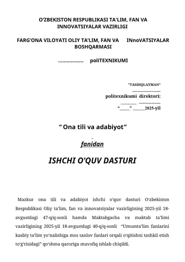 Ona tili ishchi dastur politexnikum uchun 1-kurs