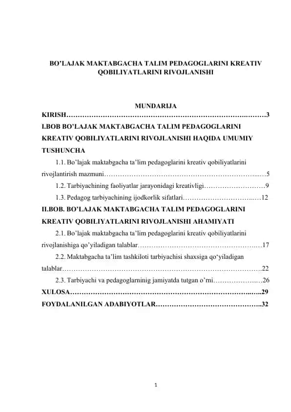 Bo’lajak maktabgacha ta’lim pedagoglarini kreativ qobiliyatlarini rivojlanishi