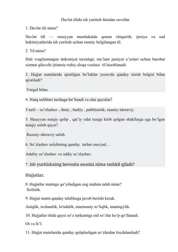 Davlat tilida ish yuritish fanidan savollar
