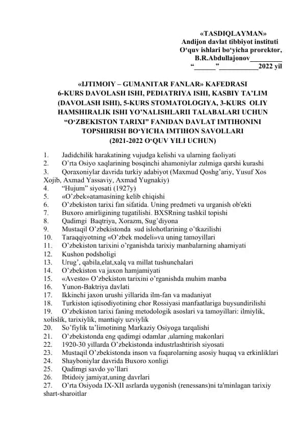 Davlat Imtihonini Topshirish Bo‘yicha Imtihon Savollari