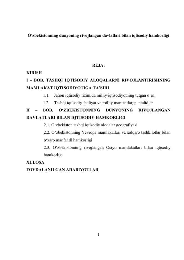 O‘zbekistonning dunyoning rivojlangan davlatlari bilan iqtisodiy hamkorligi