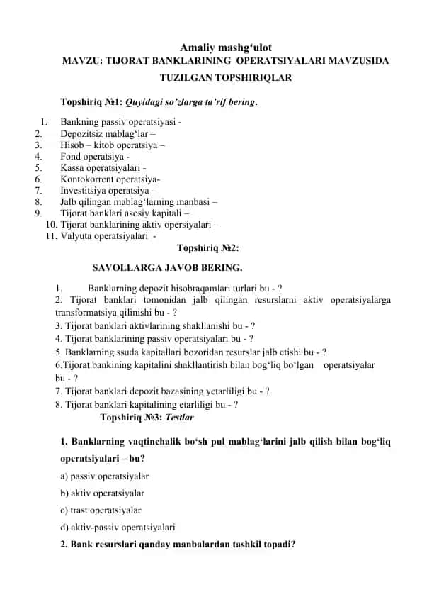 Tijorat banklarining operatsiyalari
