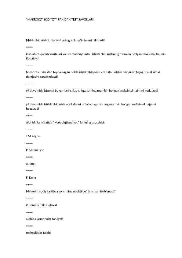 MAKROIQTISODIYOT FANIDAN TEST SAVOLLARI