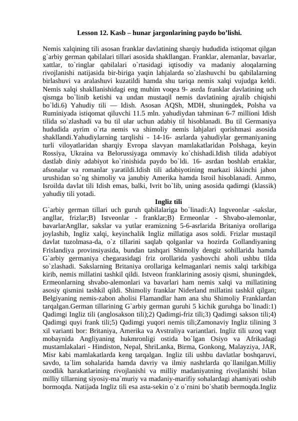 Kasb – hunar jargonlarining paydo bo’lishi