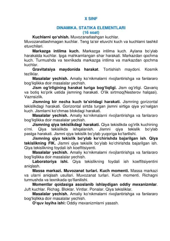 X SINF - DINAMIKA. STATIKA ELEMENTLARI