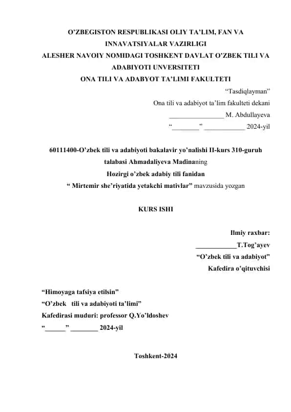 "Mirtemir she’riyatida yetakchi mativlar" kurs ishi