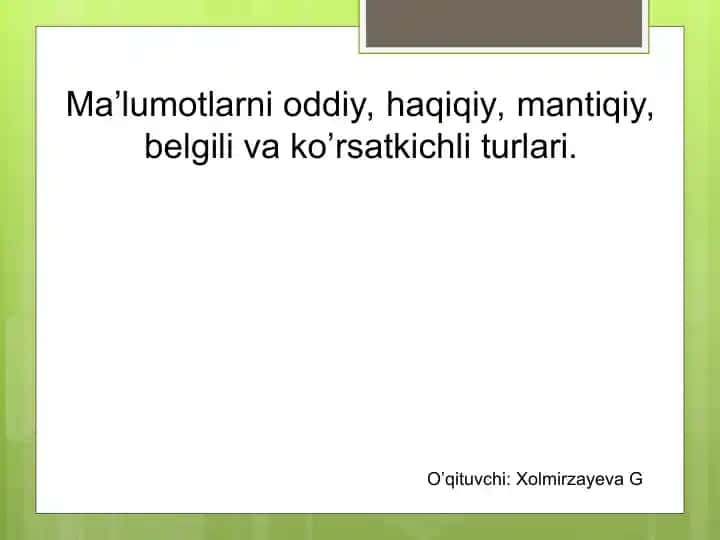 Ma’lumotlarni oddiy, haqiqiy, mantiqiy, belgili va ko’rsatkichli turlari