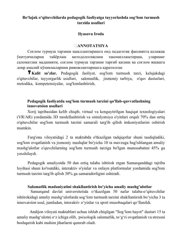 Boʻlajak oʻqituvchilarda pedagogik faoliyatga tayyorlashda sogʻlom turmush tarzida usullari