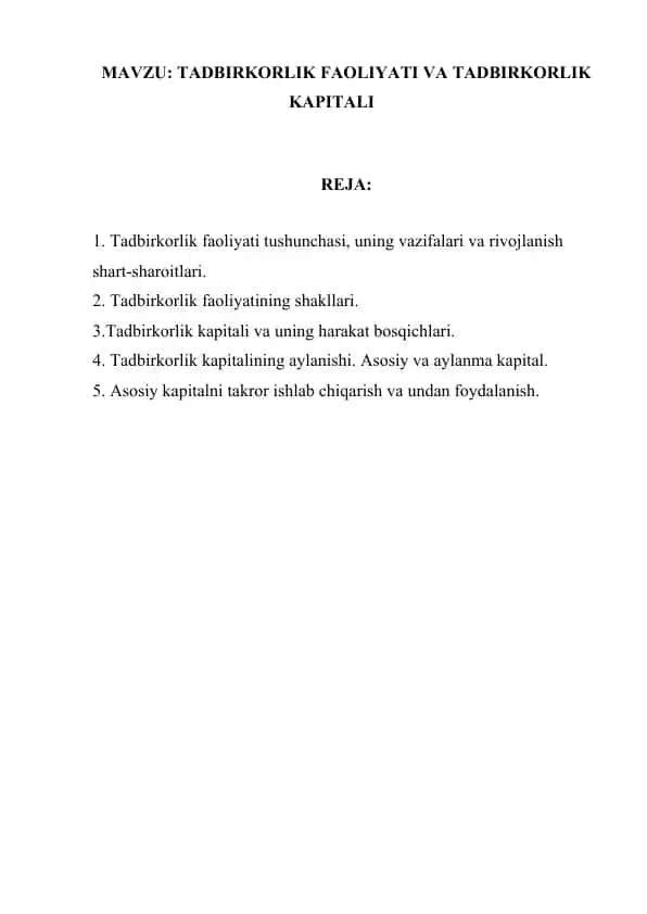 Tadbirkorlik Faoliyati va Tadbirkorlik Kapitali