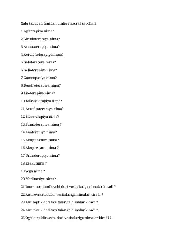 Xalq tabobati fanidan oraliq nazorat savollari