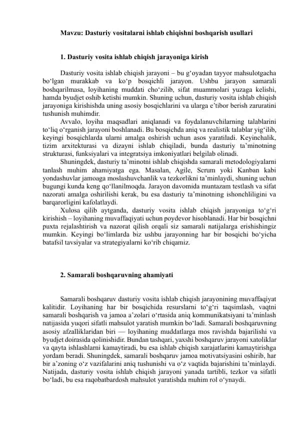 Dasturiy vositalarni ishlab chiqishni boshqarish usullari