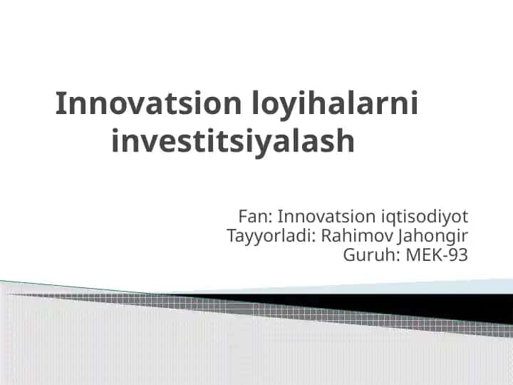 Innovatsion loyihalarni investitsiyalash