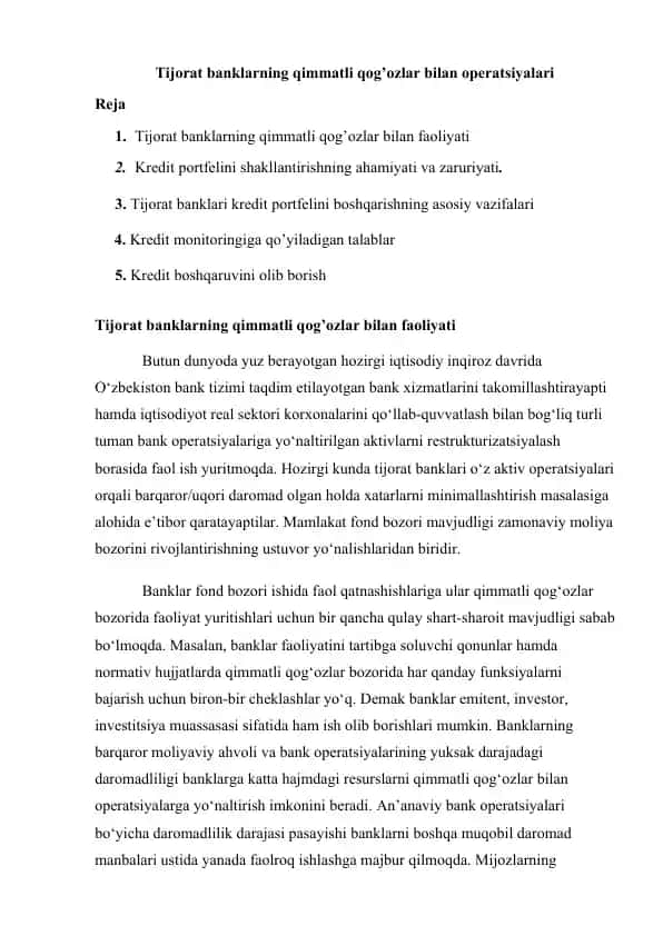 Tijorat banklarning qimmatli qog’ozlar bilan operatsiyalari