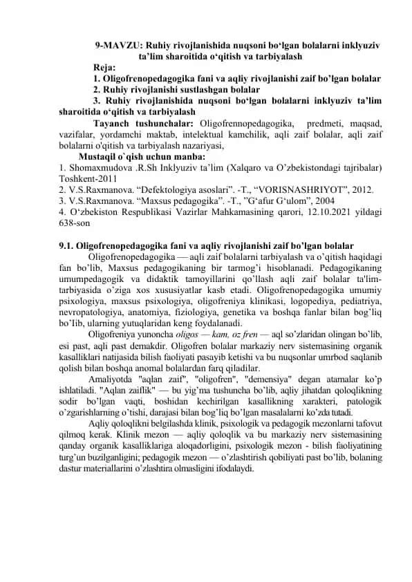 Oligofrenopedagogika fani va aqliy rivojlanishi zaif bo’lgan bolalar
