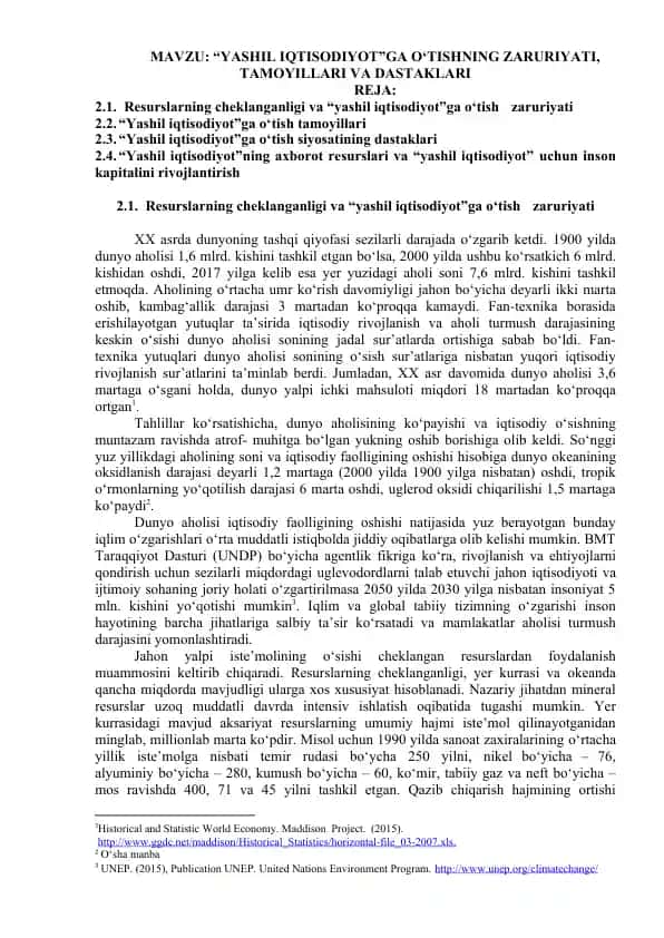 “YASHIL IQTISODIYOT”GA О‘TISHNING ZARURIYATI, TAMOYILLARI VA DASTAKLARI