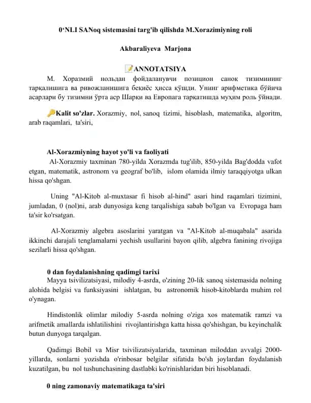 Mavzu: Al-Xorazmiyning Hayot Yo'li va Faoliyati