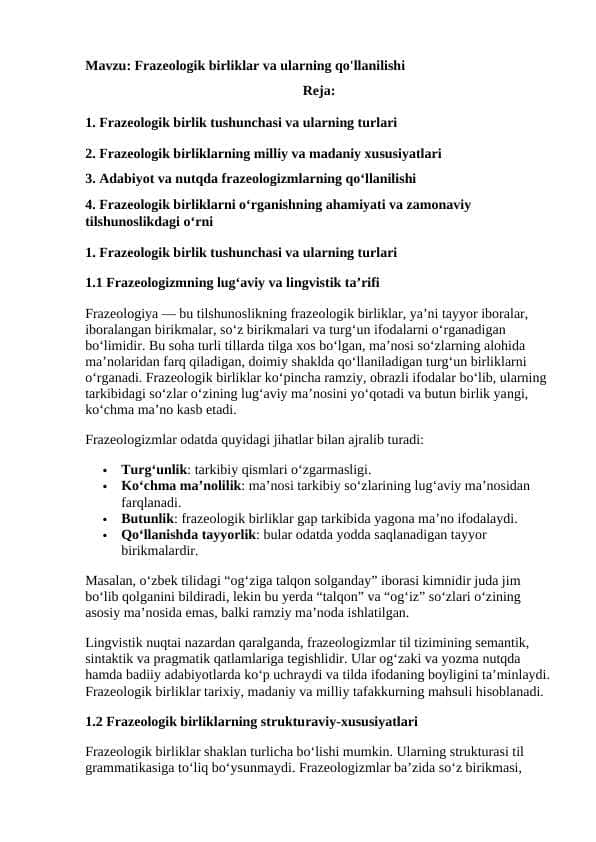 Frazeologik birliklar va ularning qo'llanilishi