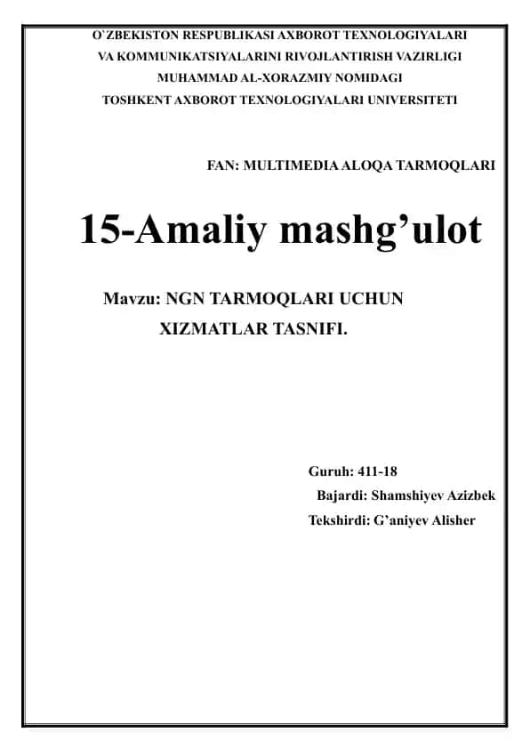NGN Tarmoqlari uchun xizmatlar tasnifi