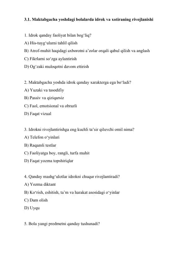 Maktabgacha yoshdagi bolalarda idrok va xotiraning rivojlanishi