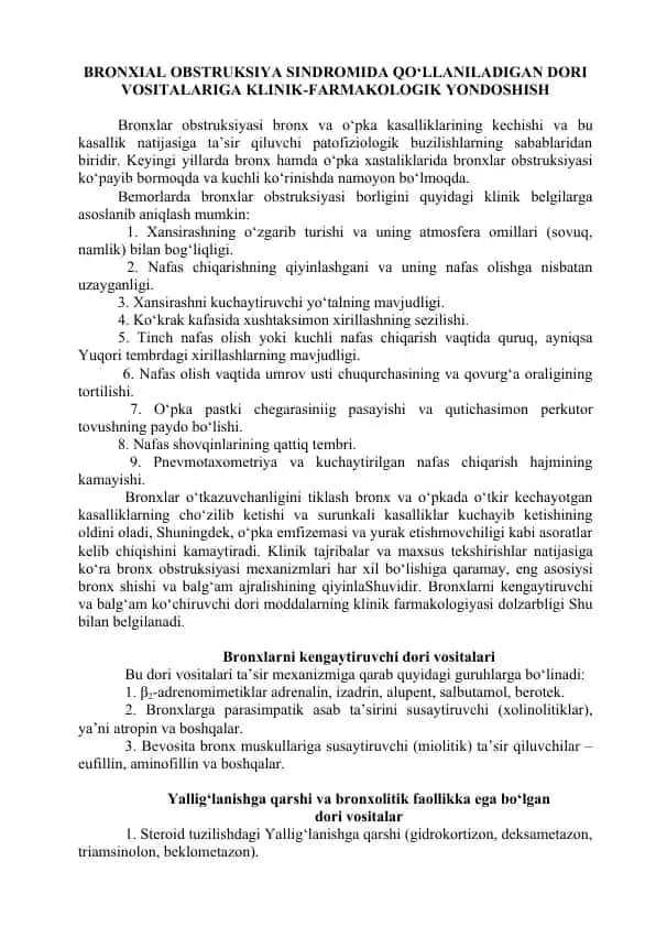 Bronxial Obstruksiya Sindromida Qo‘llaniladigan Dori Vositalariga Klinik-Farmakologik Yondoshish