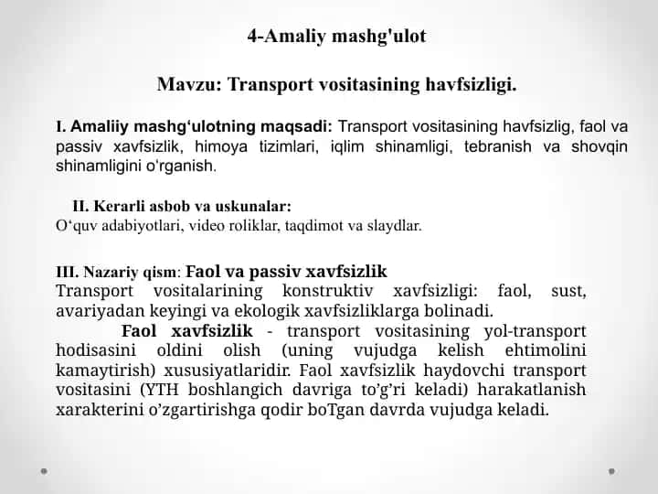 Amaliy mashg‘ulot: Transport vositasining xavfsizligi