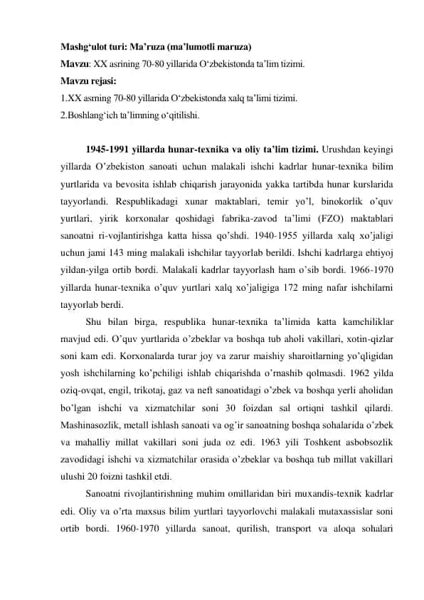 XX asrining 70-80 yillarida O„zbekistonda ta‟lim tizimi