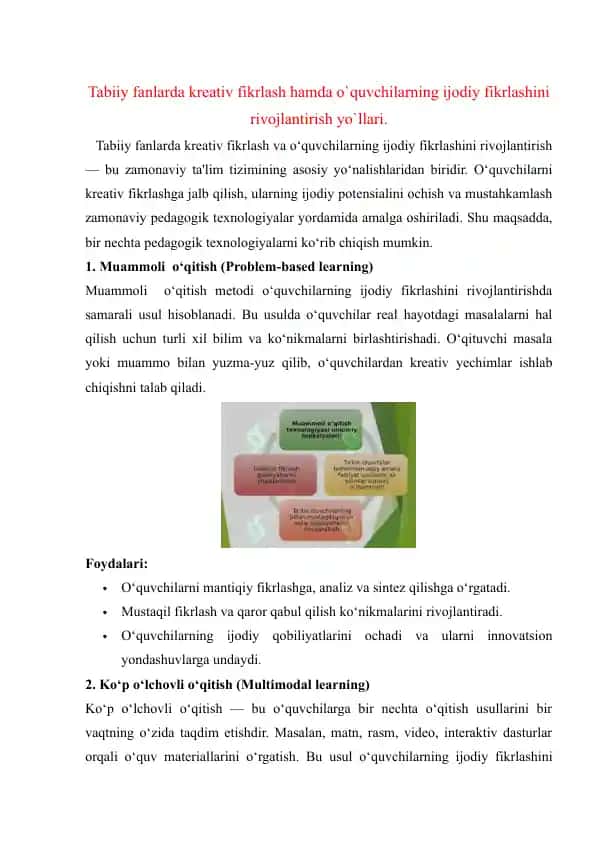 Tabiiy fanlarda kreativ fikrlash va o‘quvchilarning ijodiy fikrlashini rivojlantirish.