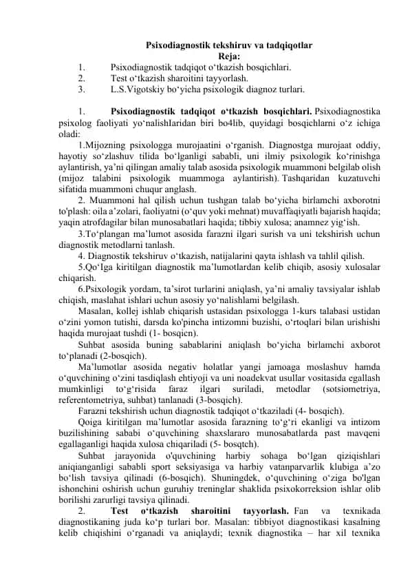 Psixodiagnostik tekshiruv va tadqiqotlar