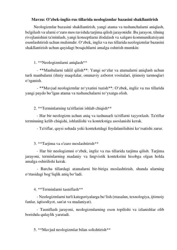 Neologizmlar bazasini shakllantirish