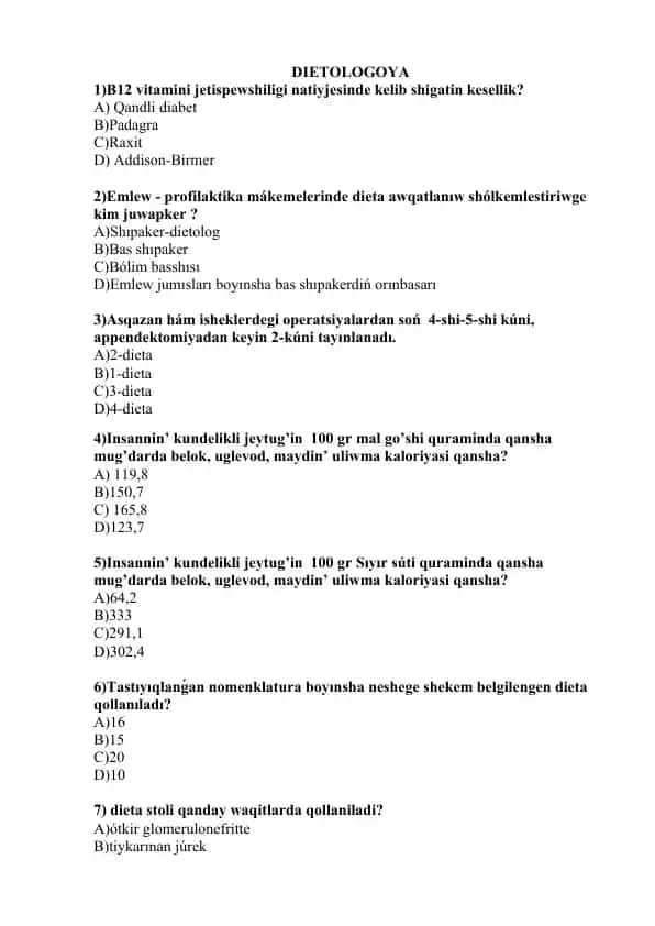 DIETOLOGOYA savollar javoblart mavjud emas