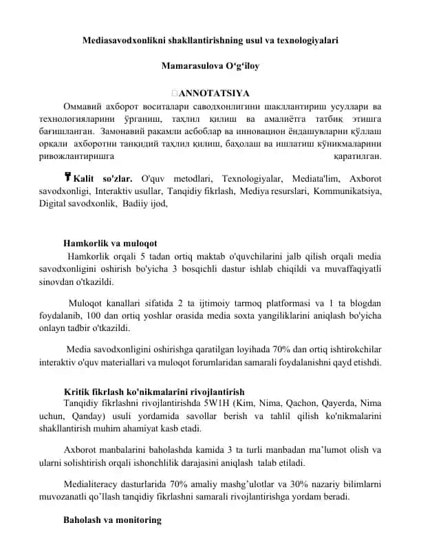 Mediasavodxonlikni shakllantirishning usul va texnologiyalari