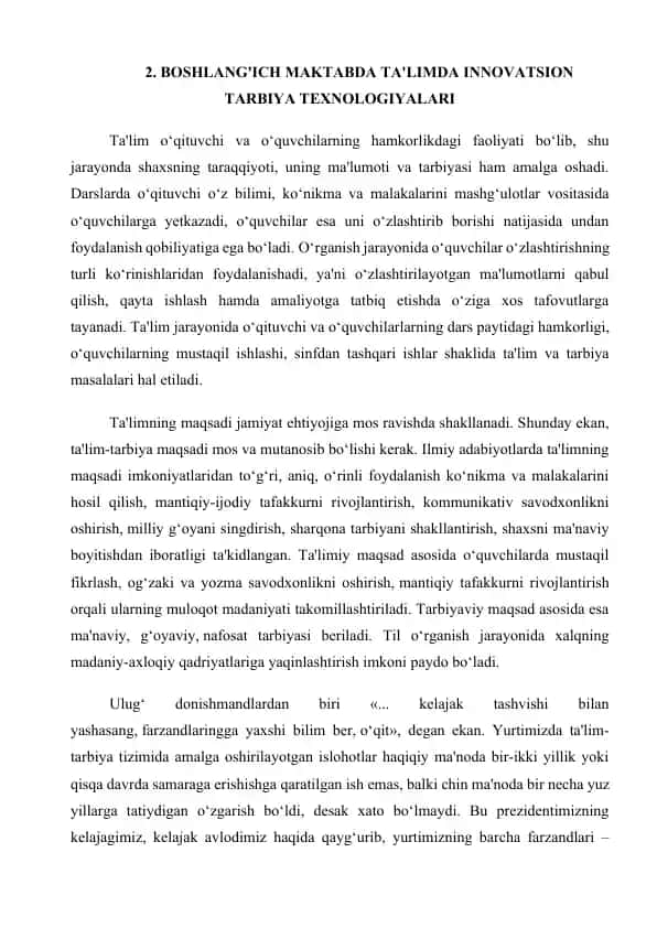 BOSHLANG'ICH MAKTABDA TA'LIMDA INNOVATSION TARBIYA TEXNOLOGIYALARI
