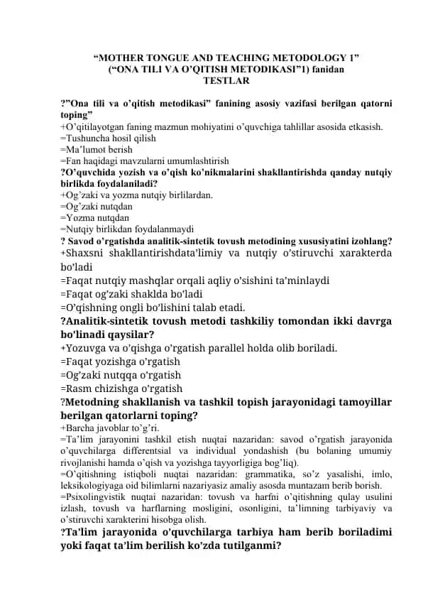 ONA TILI VA O’QITISH METODIKASI 1