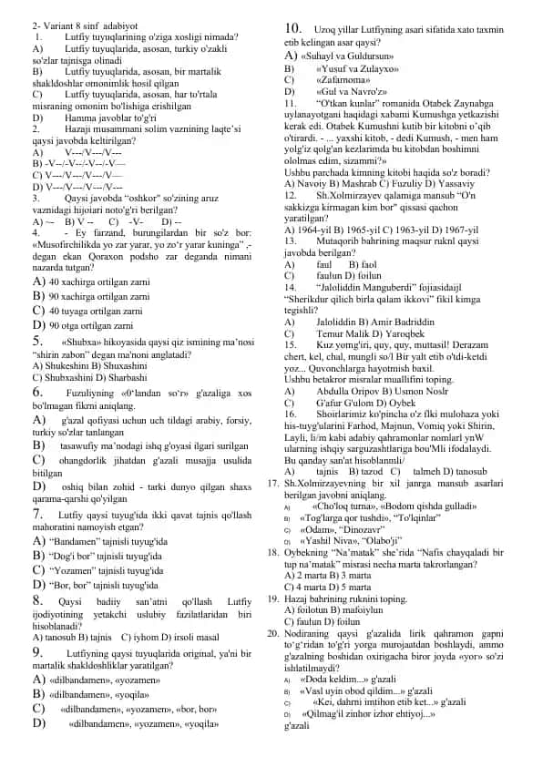 Variant 8 sinf adabiyot