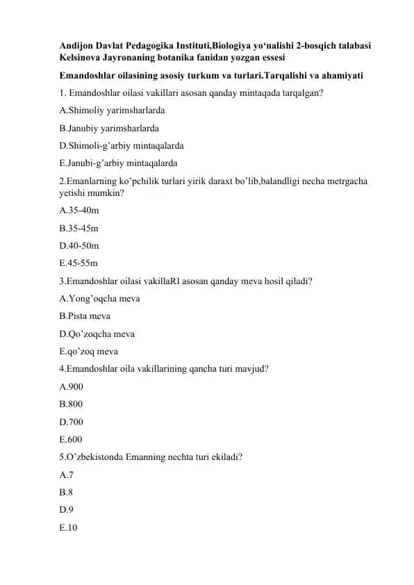Emandoshlar oilasining asosiy turkum va turlari