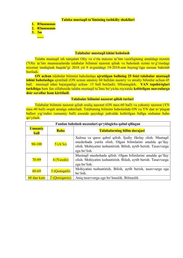 Talaba mustaqil ta’limining tashkiliy shakllari va baholash mexanizmi