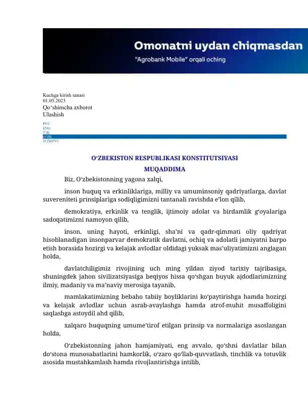 O‘ZBEKISTON RESPUBLIKASI KONSTITUTSIYASI