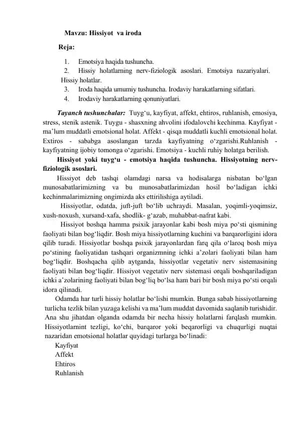 Hissiyotlar va Iroda