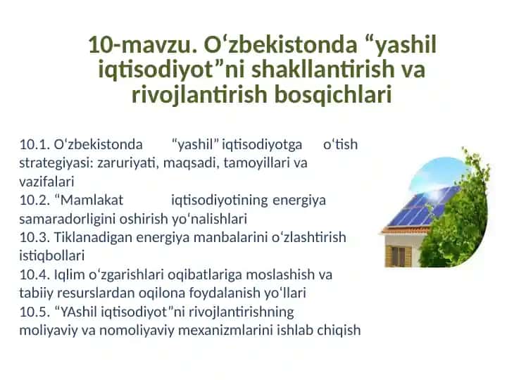 O‘zbekistonda “yashil iqtisodiyot”ni shakllantirish va rivojlantirish bosqichlari