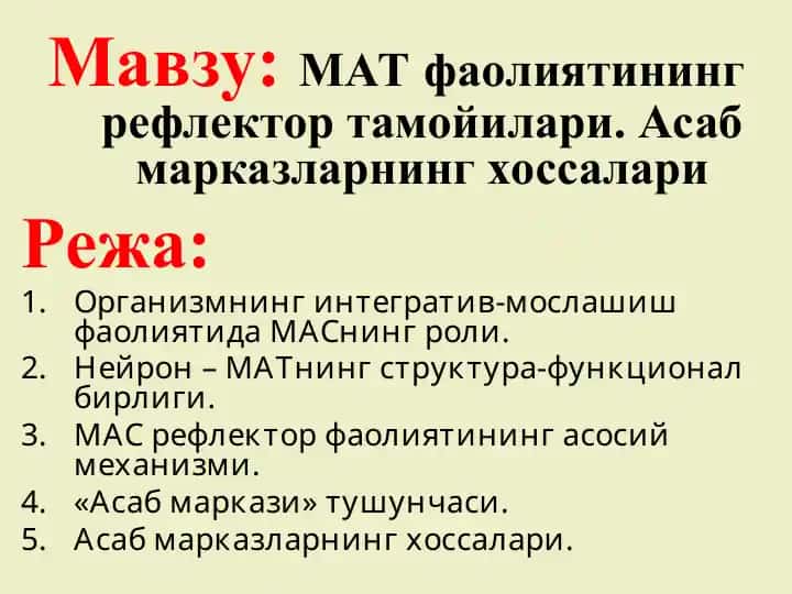 МАТ фаолиятининг рефлектор тамойилари. Асаб марказларнинг хоссалари
